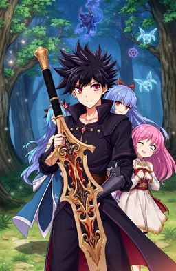 An isekai anime character, a handsome young man with spiky black hair, standing confidently in a fantasy landscape