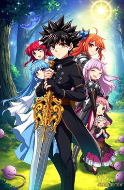 An isekai anime character, a handsome young man with spiky black hair, standing confidently in a fantasy landscape