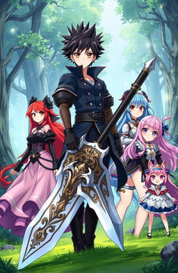 An isekai anime character, a handsome young man with spiky black hair, standing confidently in a fantasy landscape