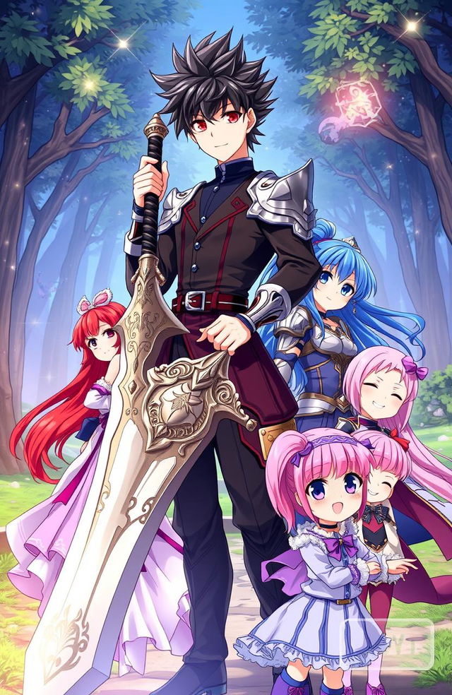 An isekai anime character, a handsome young man with spiky black hair, standing confidently in a fantasy landscape