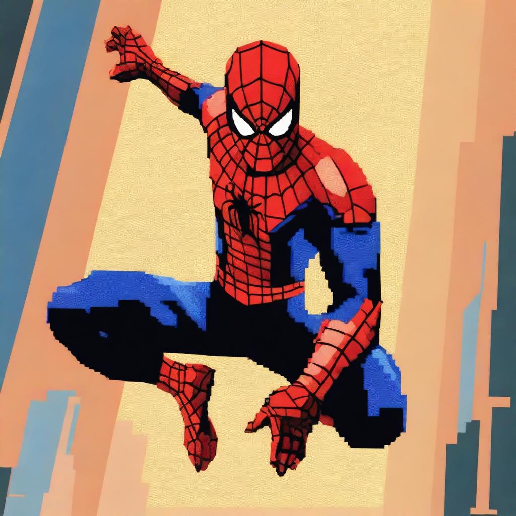 A digital art piece of Spiderman in pixel art style