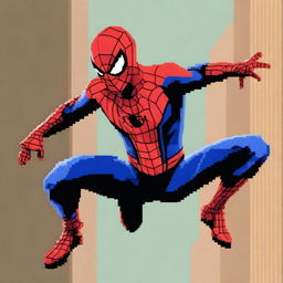 A digital art piece of Spiderman in pixel art style