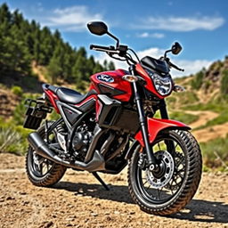 A powerful and rugged Ford-branded motorcycle displayed in an open, adventurous landscape