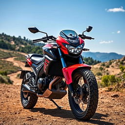 A powerful and rugged Ford-branded motorcycle displayed in an open, adventurous landscape