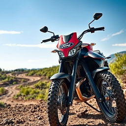 A powerful and rugged Ford-branded motorcycle displayed in an open, adventurous landscape