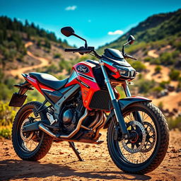 A powerful and rugged Ford-branded motorcycle displayed in an open, adventurous landscape