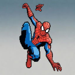 A high-quality digital art rendering of Spiderman, presented in pixel art style