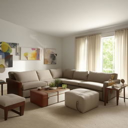 An L-shaped furniture arrangement in a stylish, well-lit living room