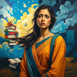 A powerful and emotive painting depicting a woman standing in a vibrant, abstract landscape that symbolizes education and knowledge
