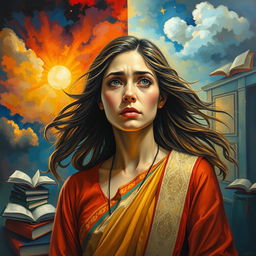 A powerful and emotive painting depicting a woman standing in a vibrant, abstract landscape that symbolizes education and knowledge