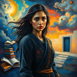 A powerful and emotive painting depicting a woman standing in a vibrant, abstract landscape that symbolizes education and knowledge