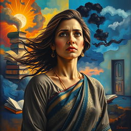 A powerful and emotive painting depicting a woman standing in a vibrant, abstract landscape that symbolizes education and knowledge