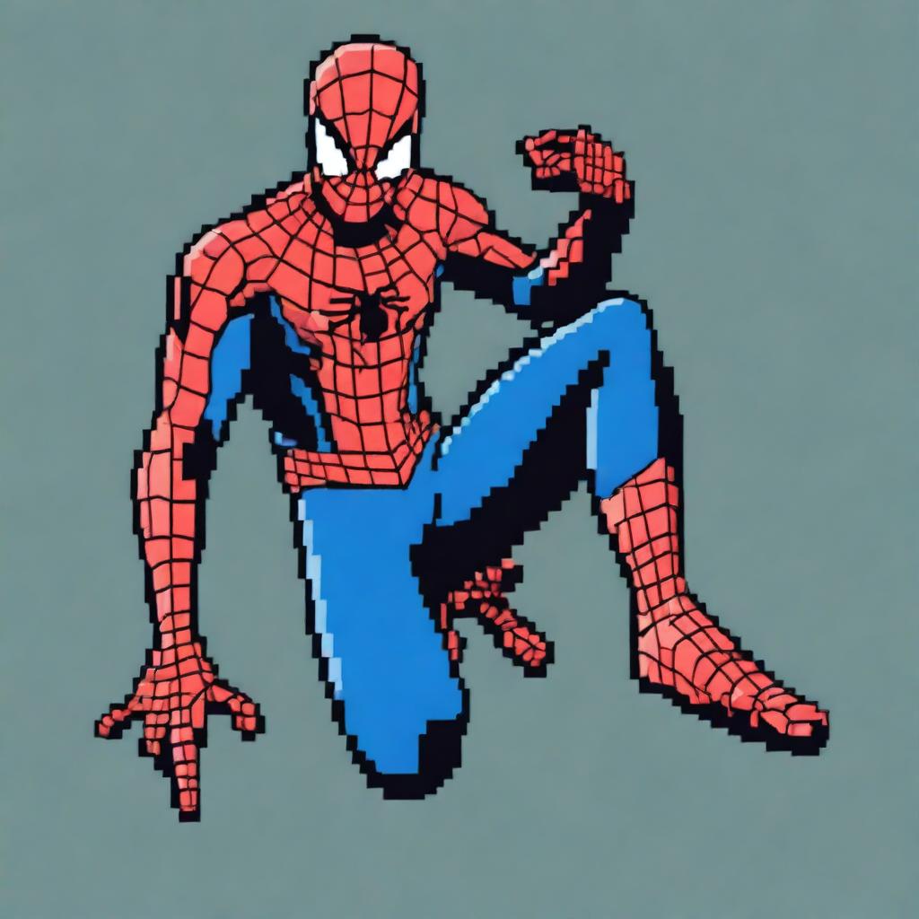 A simple yet high-quality digital art depiction of Spiderman in pixel art style