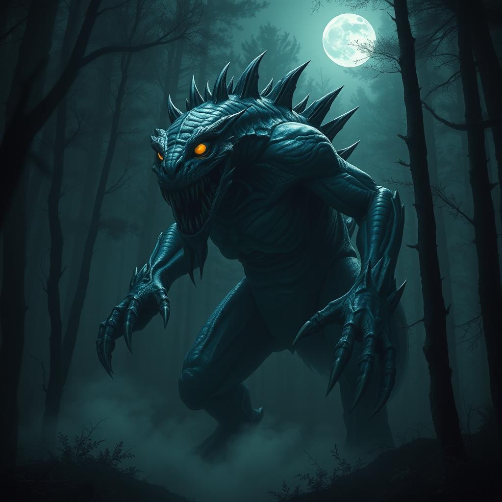 A fantastic and terrifying monster lurking in a dark, misty forest