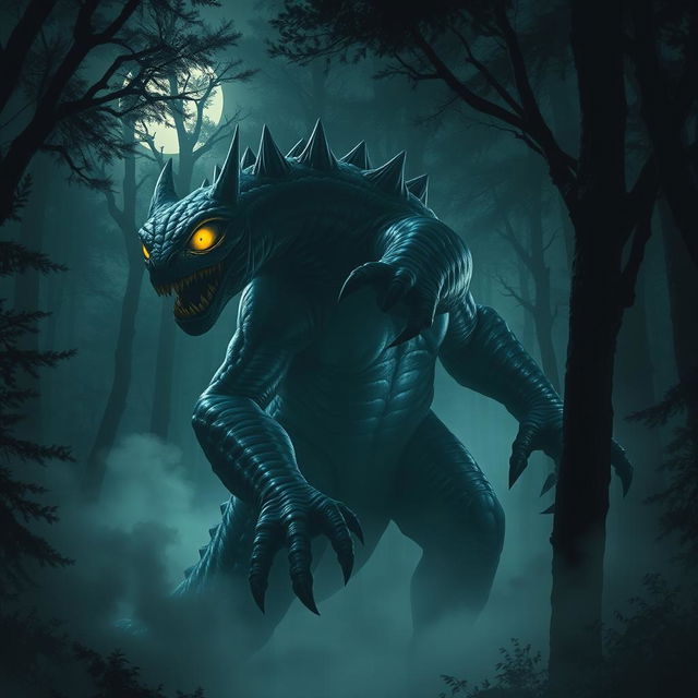 A fantastic and terrifying monster lurking in a dark, misty forest