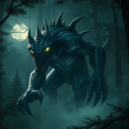 A fantastic and terrifying monster lurking in a dark, misty forest