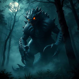 A fantastic and terrifying monster lurking in a dark, misty forest