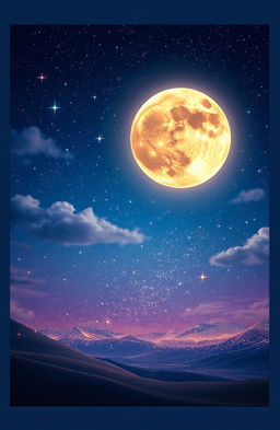 A surreal landscape where the glowing moon gazes down in awe at a dazzling vista of countless shining stars