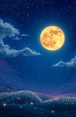 A surreal landscape where the glowing moon gazes down in awe at a dazzling vista of countless shining stars