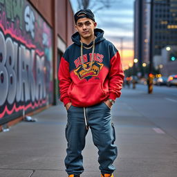 A young man in an urban setting, embodying the 'drip boy thug' aesthetic