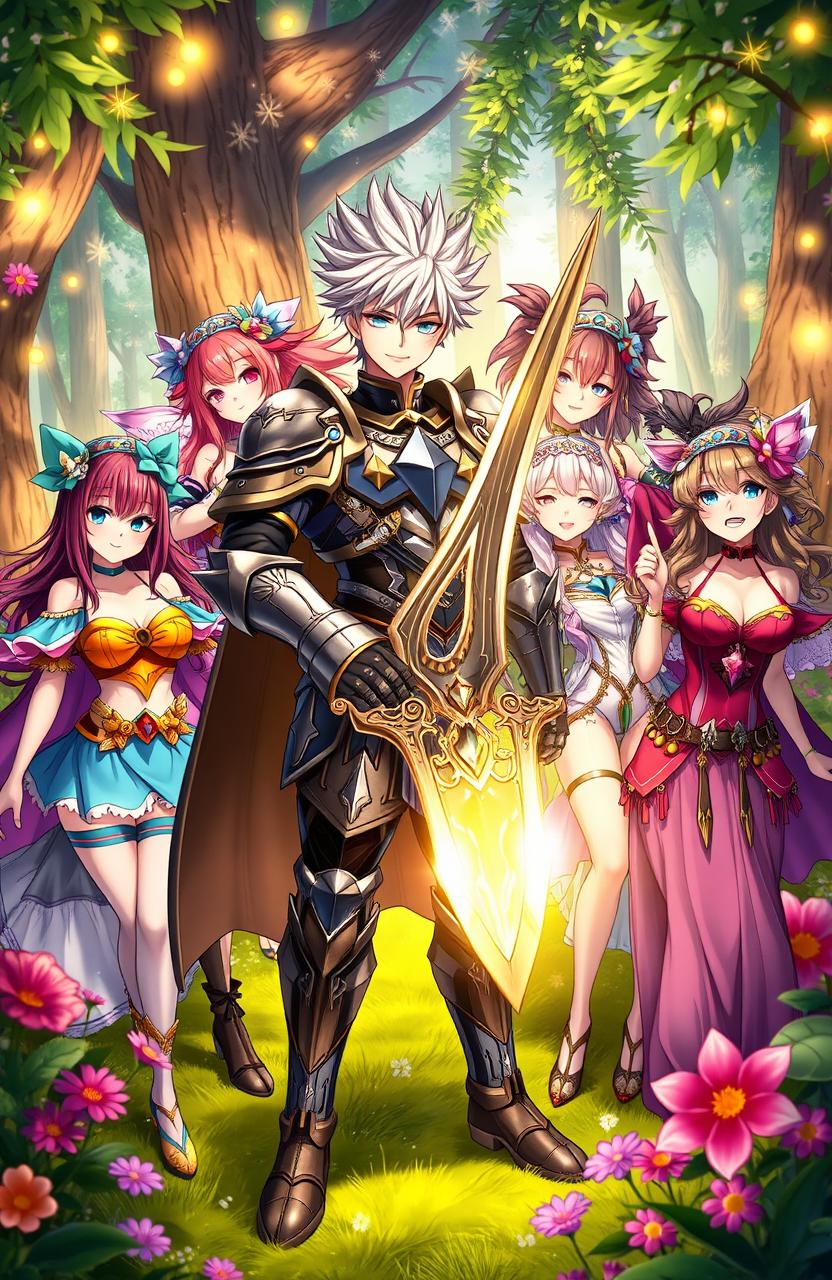 An Isekai anime scene featuring a heroic male character with spiky hair, wearing a detailed fantasy armor, confidently holding a gleaming sword