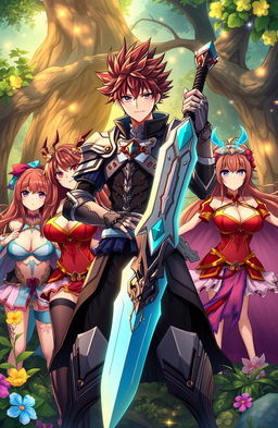 An Isekai anime scene featuring a heroic male character with spiky hair, wearing a detailed fantasy armor, confidently holding a gleaming sword