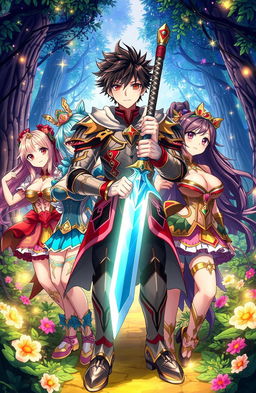 An Isekai anime scene featuring a heroic male character with spiky hair, wearing a detailed fantasy armor, confidently holding a gleaming sword