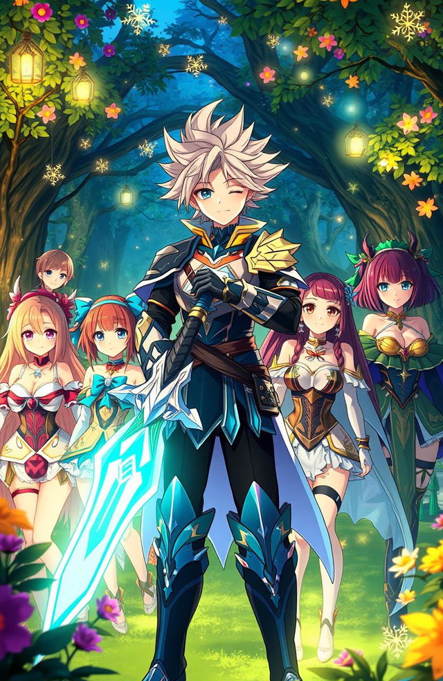 An Isekai anime scene featuring a heroic male character with spiky hair, wearing a detailed fantasy armor, confidently holding a gleaming sword