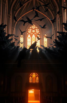 A majestic church bathed in the gentle light of dawn, with the warm hues of sunrise filtering through stained glass windows