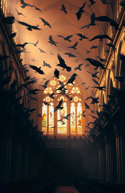 A majestic church bathed in the gentle light of dawn, with the warm hues of sunrise filtering through stained glass windows