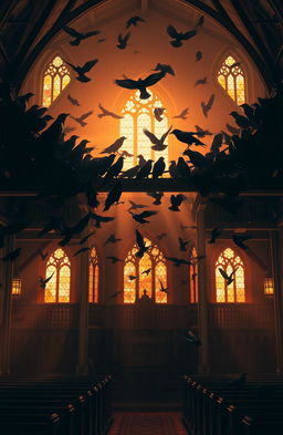 A majestic church bathed in the gentle light of dawn, with the warm hues of sunrise filtering through stained glass windows