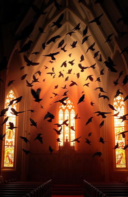 A majestic church bathed in the gentle light of dawn, with the warm hues of sunrise filtering through stained glass windows
