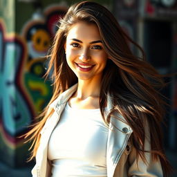 A beautiful young brunette woman with long, flowing hair, staring directly at the camera with a captivating smile