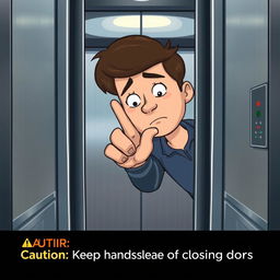 An illustration of an elevator pinch, depicting a close-up view of a person accidentally getting their finger caught in the closing doors of an elevator