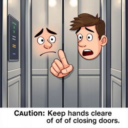 An illustration of an elevator pinch, depicting a close-up view of a person accidentally getting their finger caught in the closing doors of an elevator