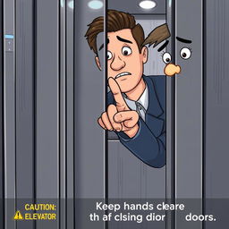 An illustration of an elevator pinch, depicting a close-up view of a person accidentally getting their finger caught in the closing doors of an elevator
