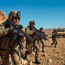 A dynamic scene depicting a Syrian army unit in action during a training exercise, showcasing soldiers in modern military gear, equipped with rifles and tactical equipment