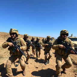 A dynamic scene depicting a Syrian army unit in action during a training exercise, showcasing soldiers in modern military gear, equipped with rifles and tactical equipment