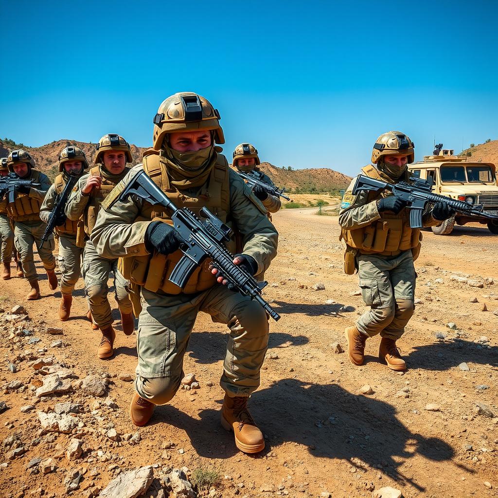 A dynamic scene depicting a Syrian army unit in action during a training exercise, showcasing soldiers in modern military gear, equipped with rifles and tactical equipment