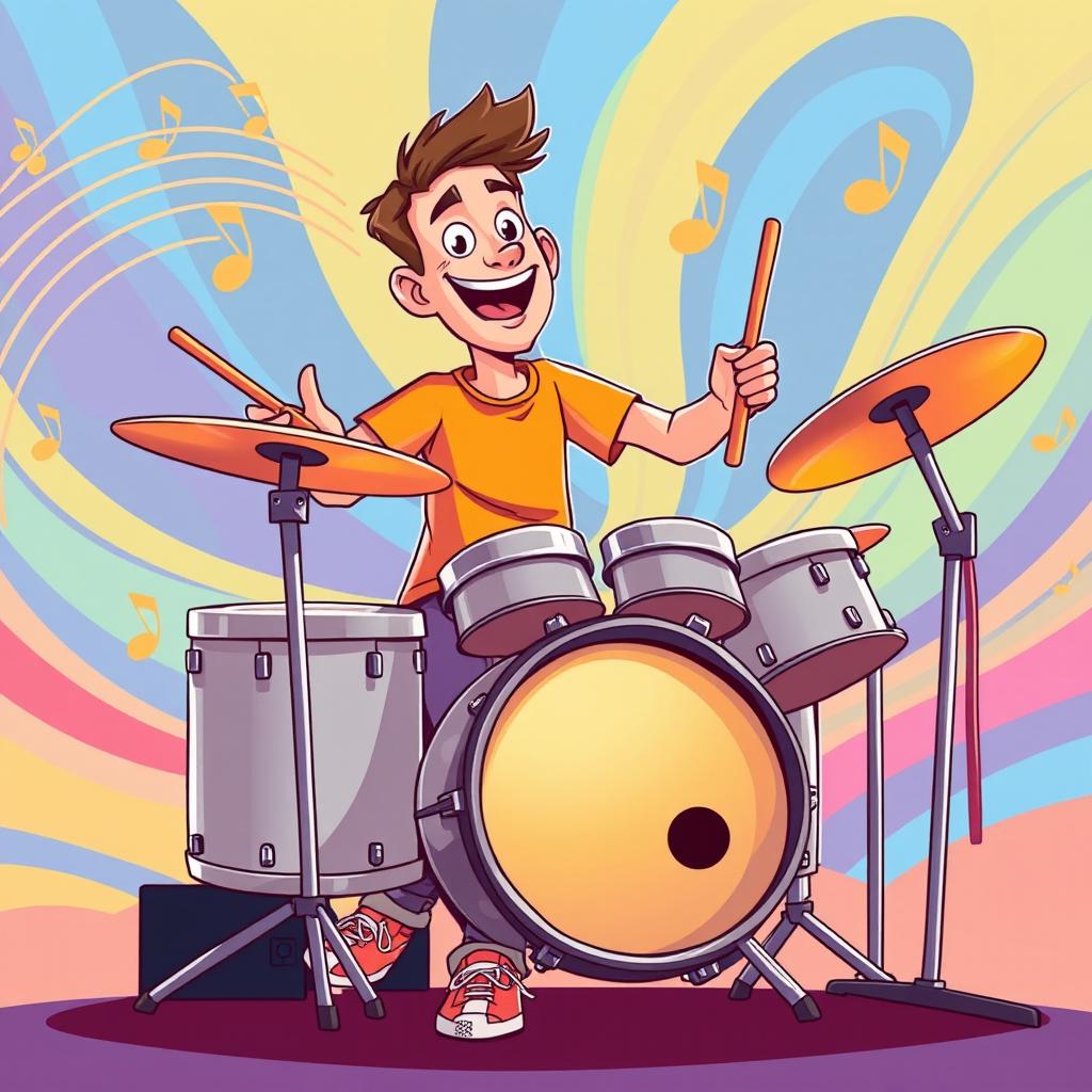 An illustration of a man playing drums in the style of the game IncrediBox