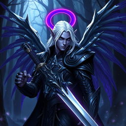 A male Drow paladin with stunning purple skin, piercing black eyes, and dramatic white hair that cascades elegantly