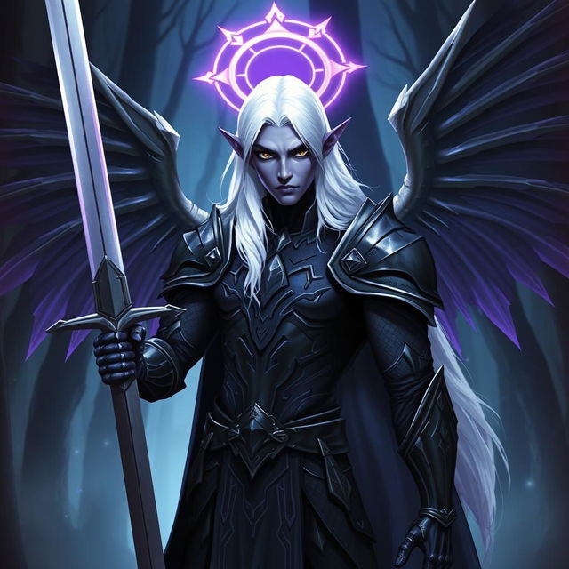 A male Drow paladin with stunning purple skin, piercing black eyes, and dramatic white hair that cascades elegantly