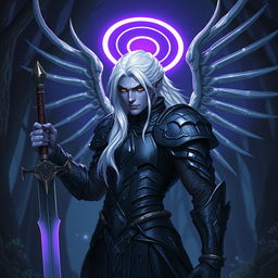 A male Drow paladin with stunning purple skin, piercing black eyes, and dramatic white hair that cascades elegantly