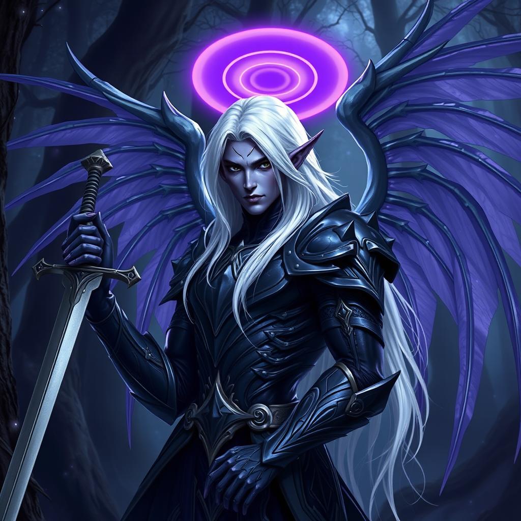 A male Drow paladin with stunning purple skin, piercing black eyes, and dramatic white hair that cascades elegantly