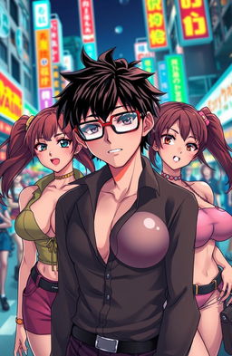 A striking scene showcasing a black-haired anime guy wearing stylish glasses, surrounded by three stunningly attractive girls with big breasts
