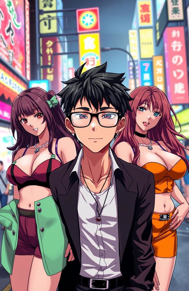 A striking scene showcasing a black-haired anime guy wearing stylish glasses, surrounded by three stunningly attractive girls with big breasts