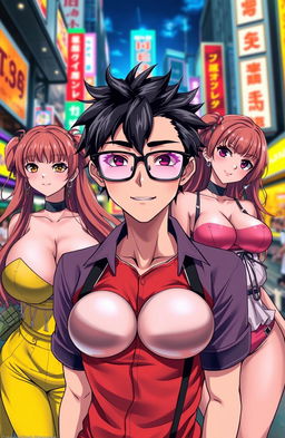 A striking scene showcasing a black-haired anime guy wearing stylish glasses, surrounded by three stunningly attractive girls with big breasts