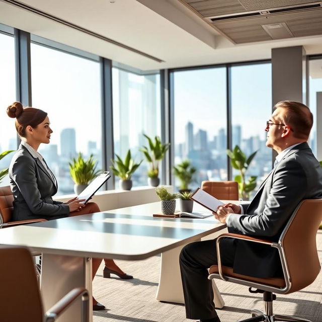 A creative depiction of a job interview scene set in a modern office environment