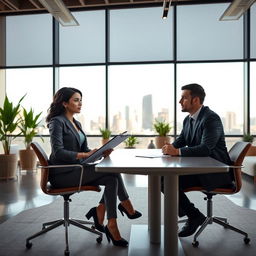 A creative depiction of a job interview scene set in a modern office environment