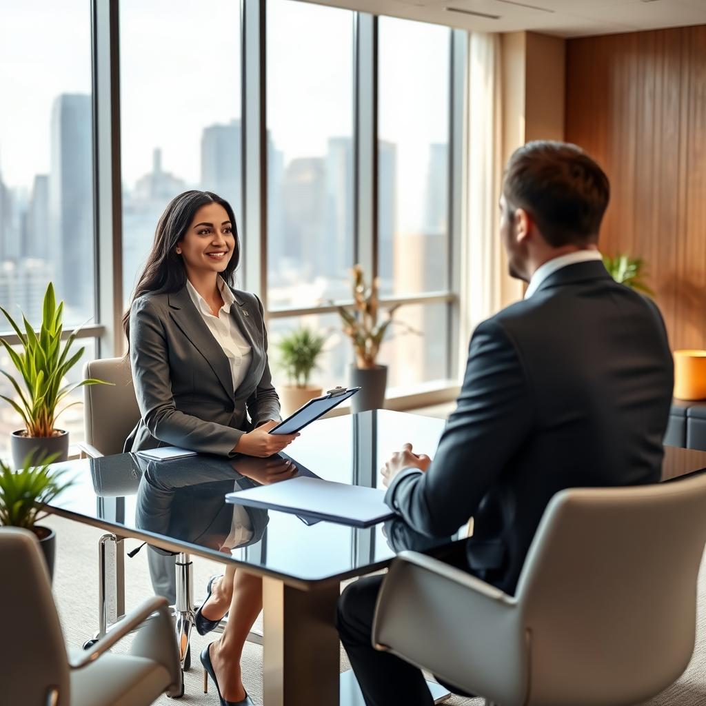 A creative depiction of a job interview scene set in a modern office environment